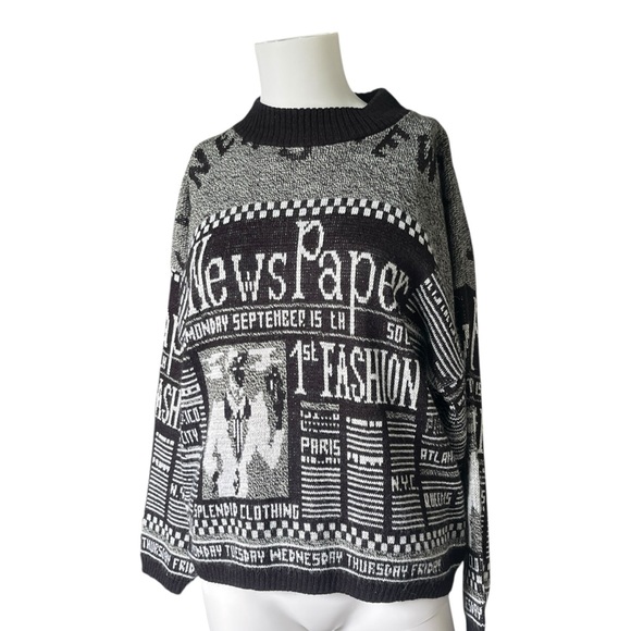 Vintage Sweaters - Vintage Newspaper Print Pullover Sweater Crew Neck Metallic Lurex Black White